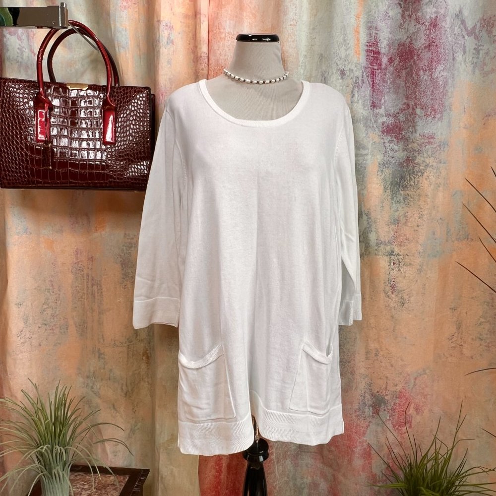 📌JEANNE PIERRE Long Cotton Sweater with 3/4 Sleeves and Pockets